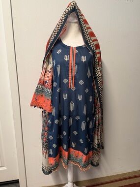 Brand New Pakistani 3 Piece Navy Blue & Coral Printed Lawn Suit